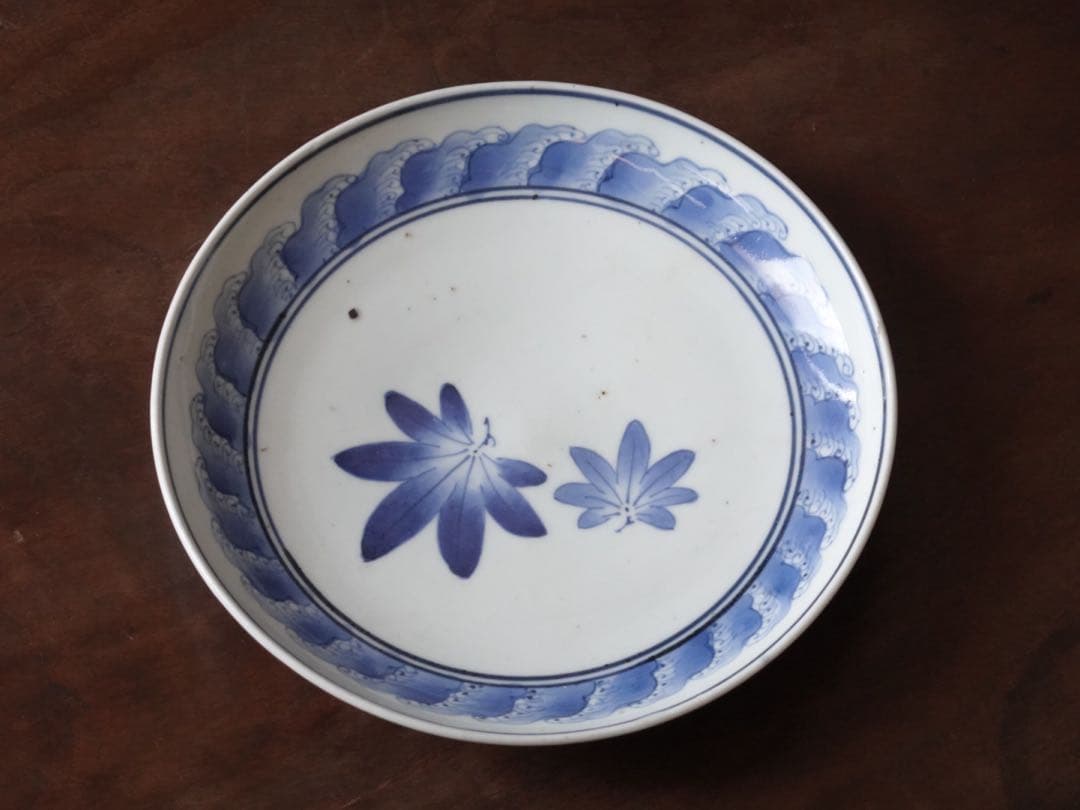 江戸時代 前期 古伊万里 藍九谷 染付 波 紅葉文 皿 飾皿 額