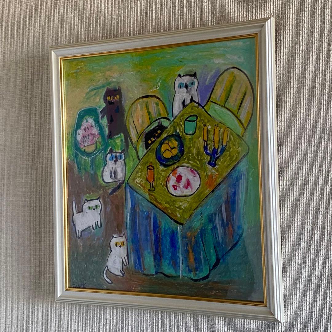 絵画 。壁掛け絵手描き【猫たちのデートの中で素敵なこと】