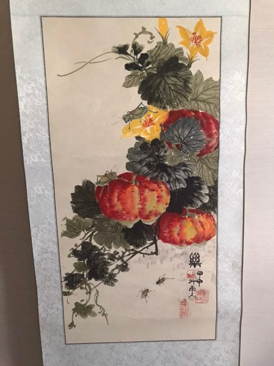 掛け軸南瓜(かぼちゃ) 蟋蟀(こおろぎ)絵