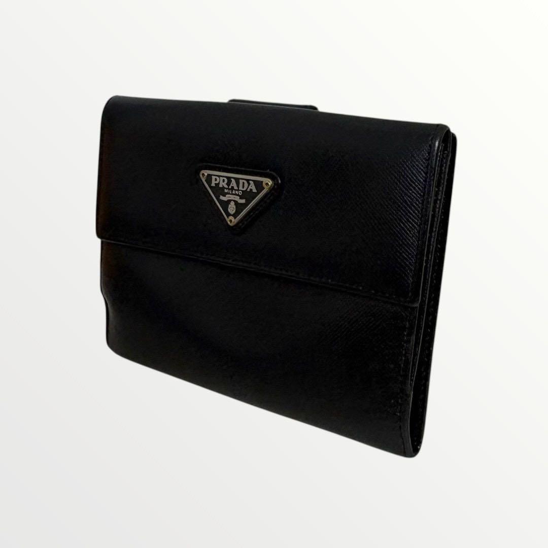 美品✨ PRADA プラダ 三つ折り財布 サフィアーノ ブラック 三角ロゴ
