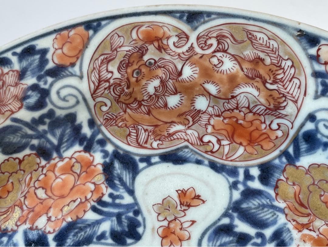 骨董　アンティーク　古伊万里　色絵　金襴手　輸出伊万里　獅子牡丹　皿　丸皿