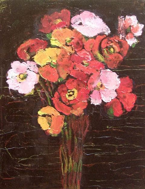 油絵 菅家令子 絵画インテリア 額付(青緑＋金色の枠) uF6-112002 花