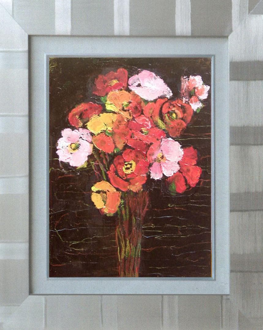 油絵 菅家令子 絵画インテリア 額付(青緑＋金色の枠) uF6-112002 花