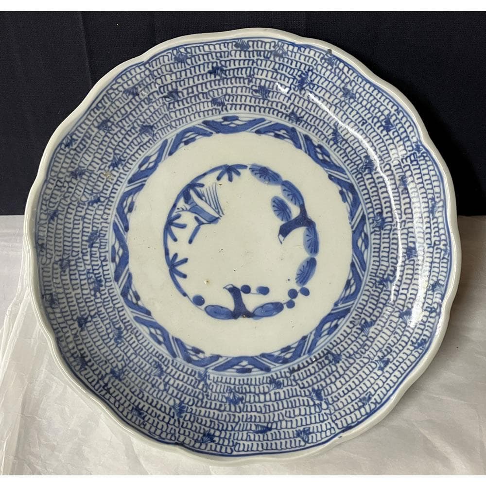 y033 古伊万里 染付 微塵唐草 七寸皿 5枚 太明成化年製 輪花縁