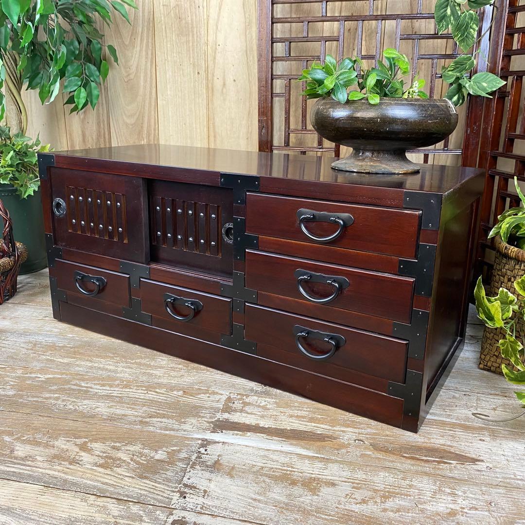 民芸家具桐材天然無垢和引き戸付きチェスト横長テレビ台飾り棚収納総桐