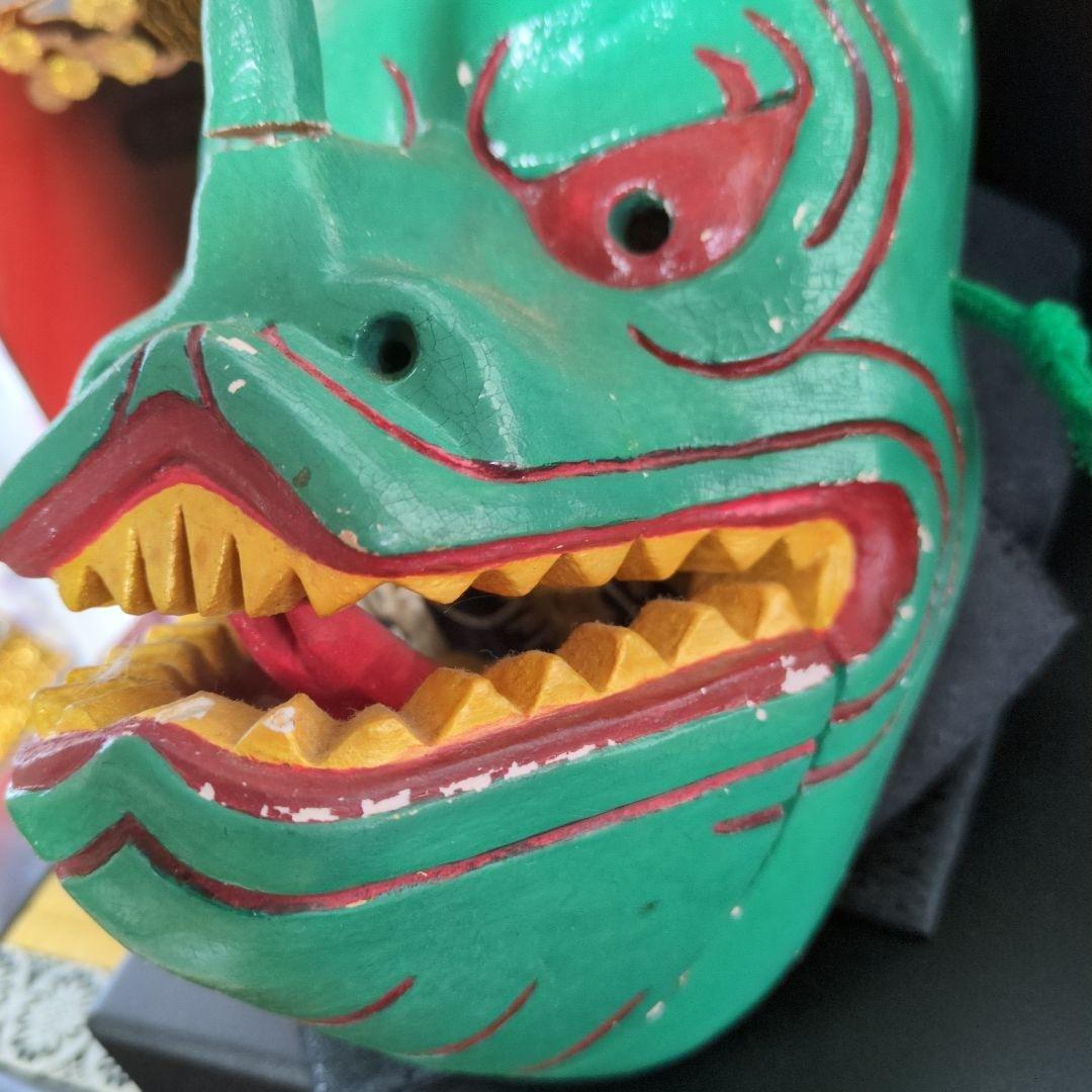 手彫】緑色の木製ドラゴン面