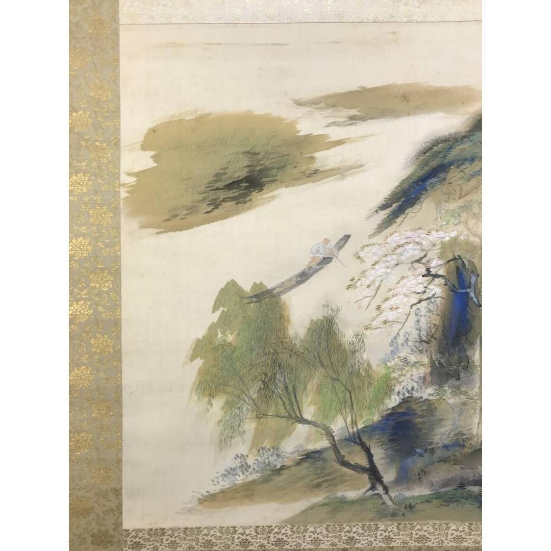 真作/橘田永芳/春江棹一舟図/山水図/春の掛軸/幅広/掛軸☆宝船☆AK-431