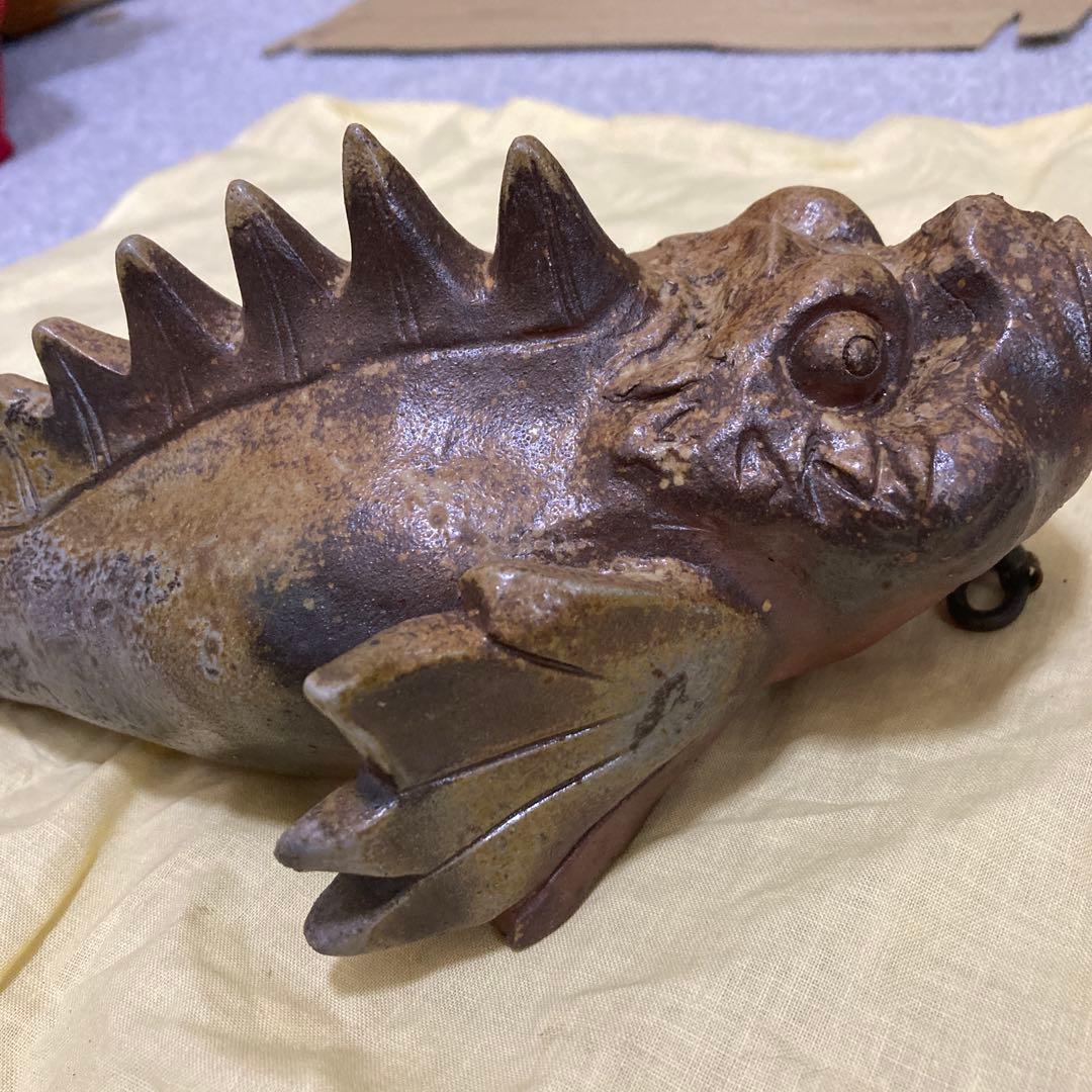 共箱付】一壺作 黄瀬戸 虎魚（おこぜ） 掛役 置物 陶器 骨董品