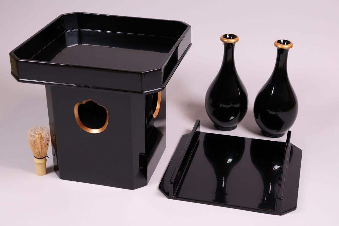 漆芸 輪島塗 久保田春光堂 三方台・瓶子一対 三宝 木製 仏具【MA497】