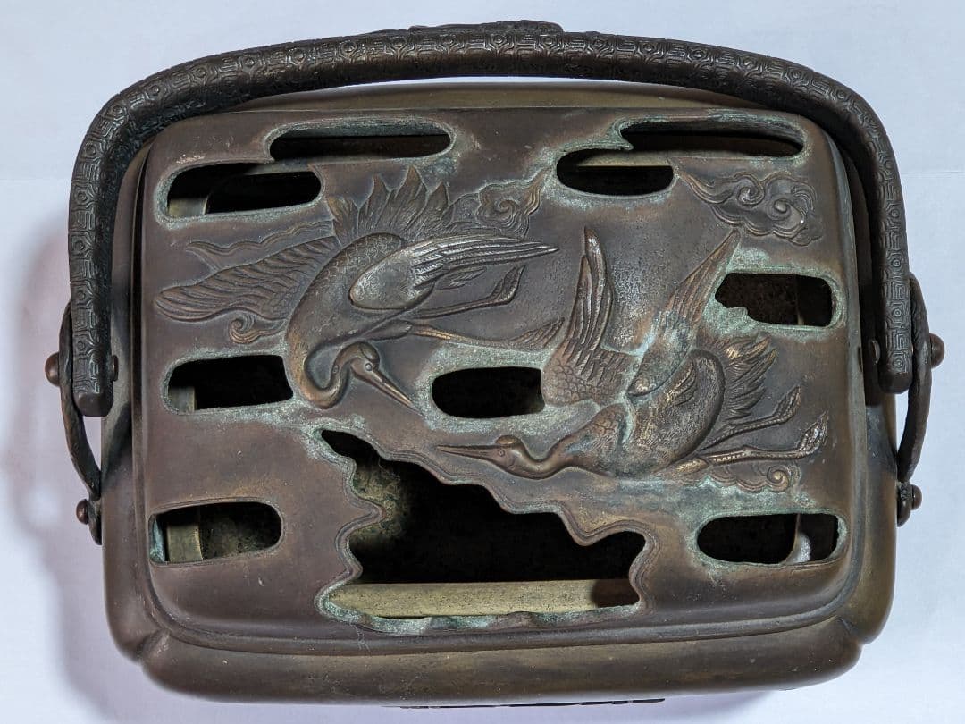 ⭐ 福壽双鶴龍紋様！香炉 銅器 明治時代 手炉 唐物 唐銅 香道具 骨董品