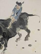 真作】掛軸 小林五浪 牧童 牛乗り少年図 力強い墨の筆致 共箱入 T120