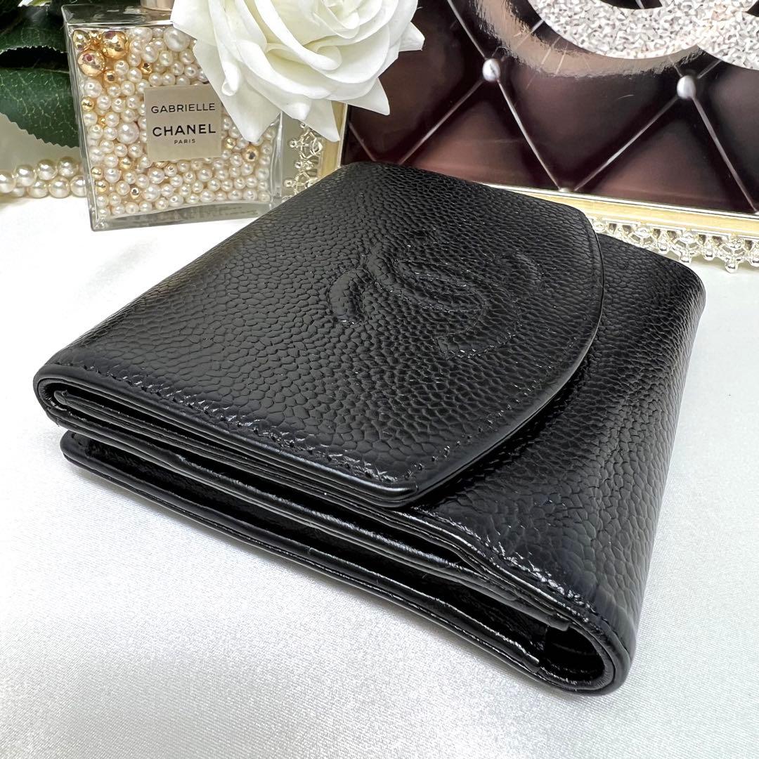 CHANEL シャネル キャビアスキン Wホック 二つ折り財布 コンパクト財布