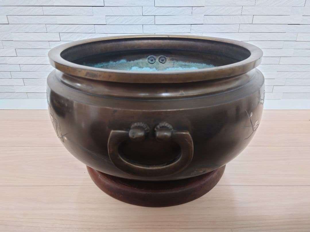 古銅 時代物 梅銀象嵌 瓶掛 大火鉢