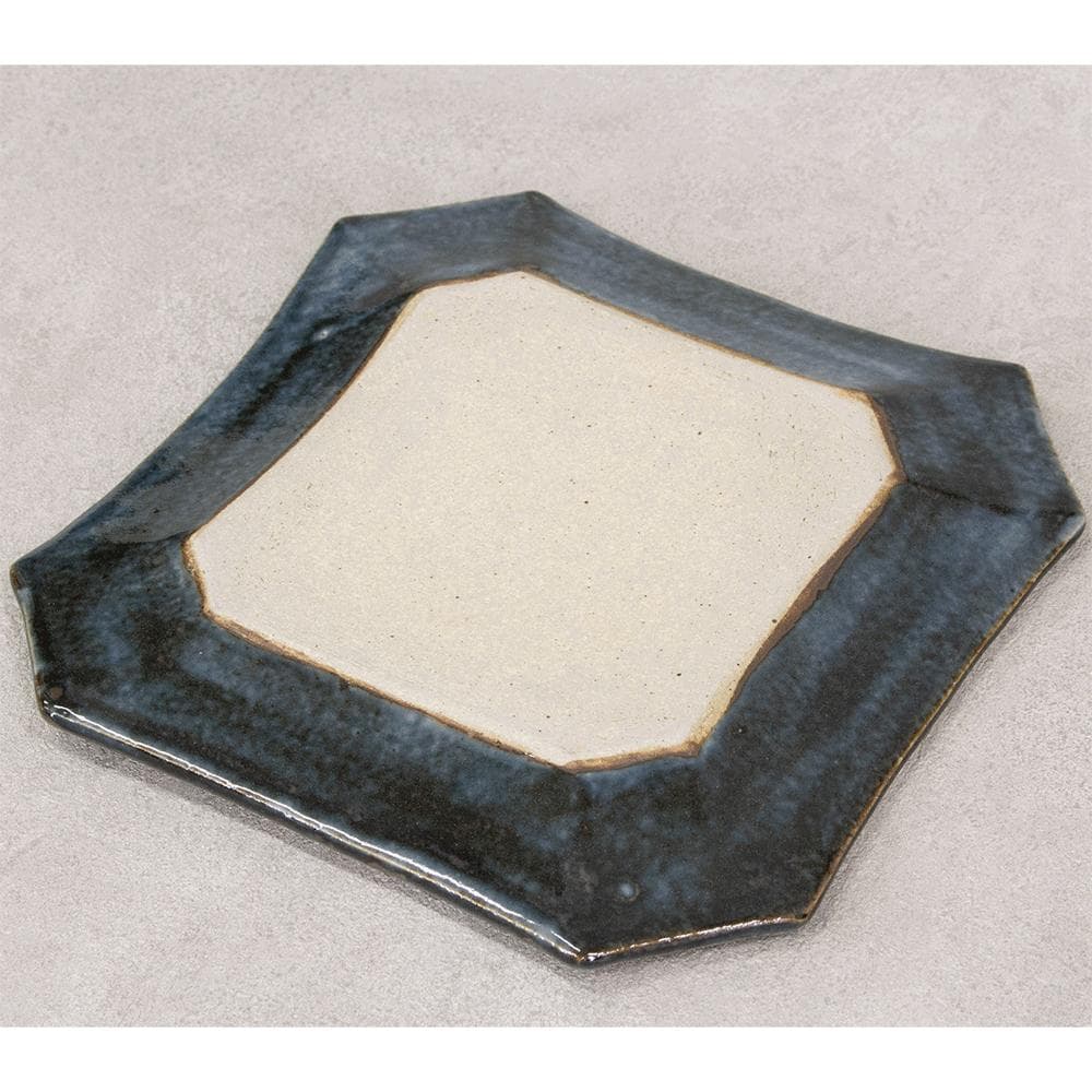 河井透 飾り皿「藍七宝紋角皿」22.5cm 共箱（河井武一の長男）河井寛次郎系統