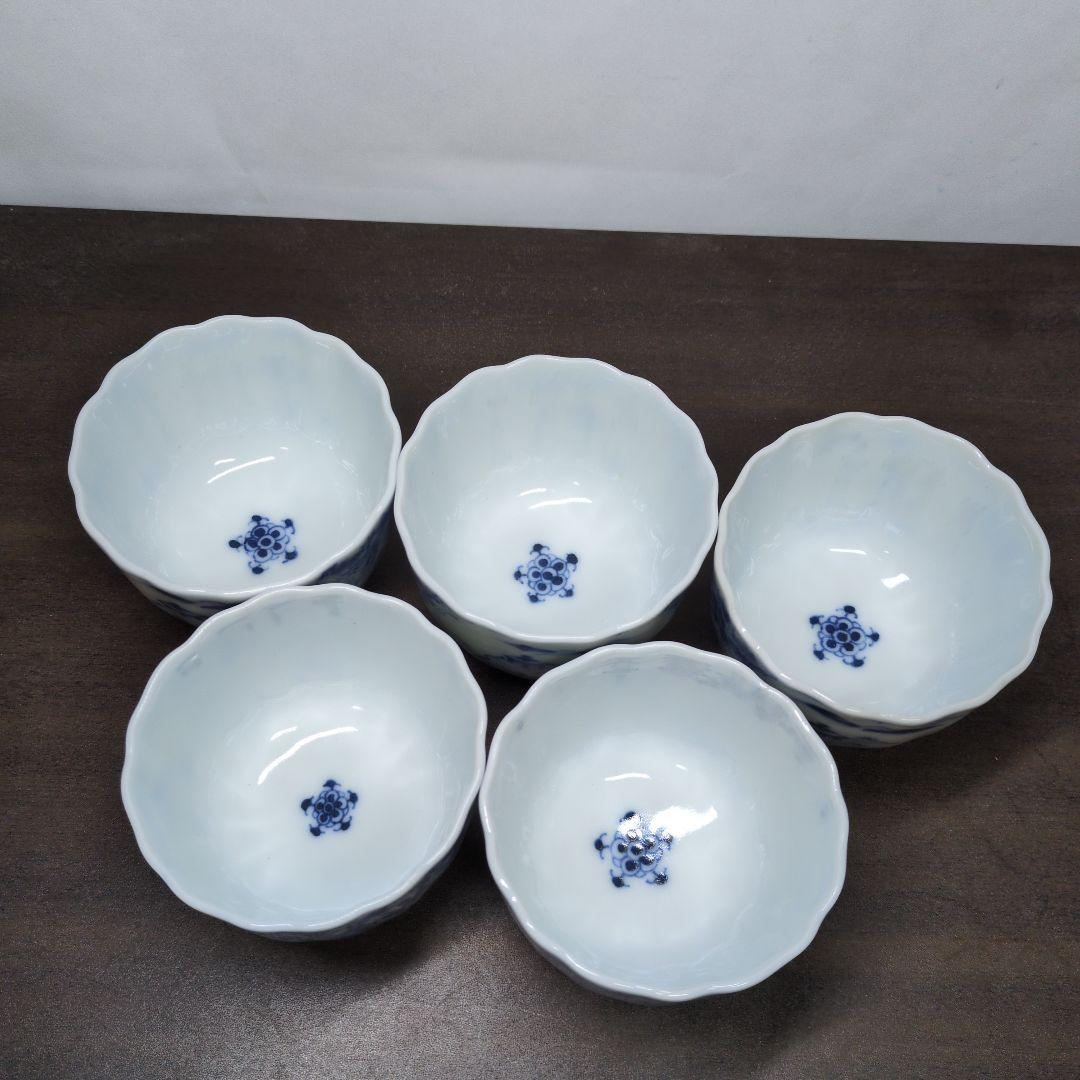 古伊万里 染付 山水花唐草文 輪花口 向付 五客 玄