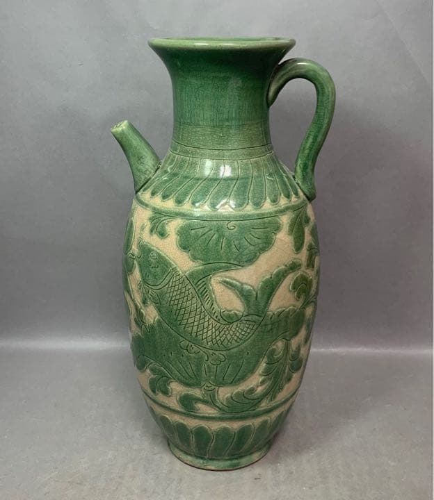 中国 緑釉魚絵水注　u6221009