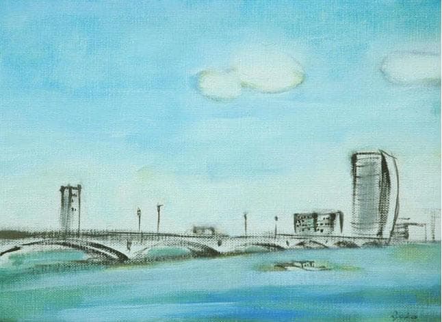 油絵 菅家令子 絵 絵画インテリア額付(黒) F4-090114 風景万代橋新潟