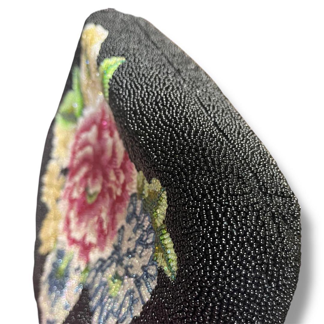 昭和レトロ　ヴィンテージ総ビーズバッグ　 花柄ハンドバッグ 黒がま口