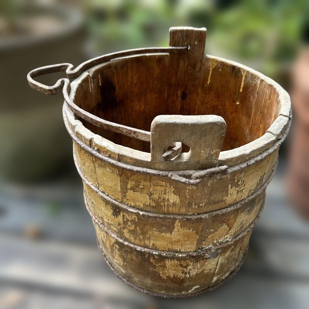 レア アンティーク 素朴な木製バケツ/井戸バケツ アイアン製ハンドルと