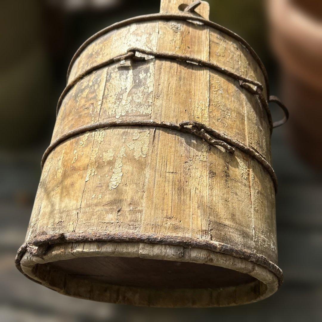 レア アンティーク 素朴な木製バケツ/井戸バケツ アイアン製ハンドルと
