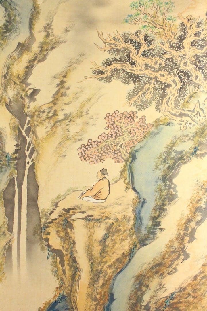 No5217 掛軸 雲外山人 在銘 青緑山水人物画 山水 着色絹本 送料無料