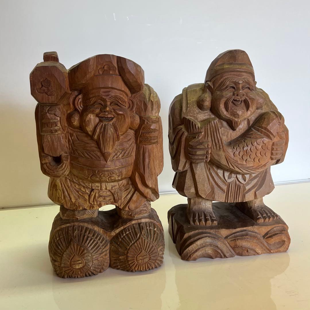 明治期 木彫 恵比寿大黒像 一対 商売繁盛 福神像 高さ35cm◎古