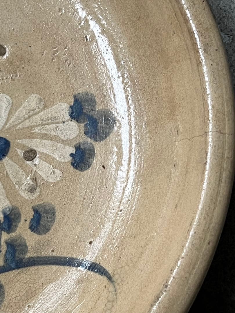 瀬戸菊繪石皿 ／ 江戸時代 共箱付 呉須大皿 径370mm 古瀬戸