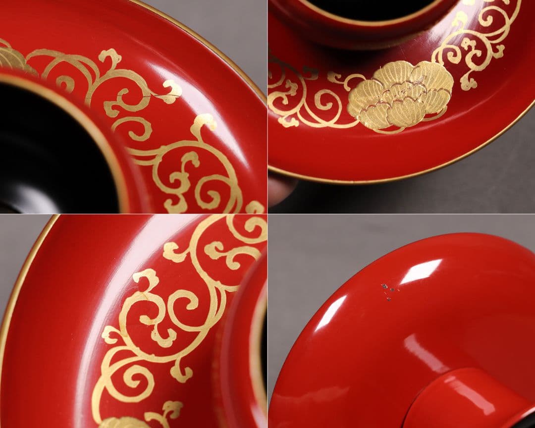 M673/ 時代木製漆器 花唐草金蒔絵朱塗茶台一対 伊万里色絵茶器 龍鳳凰 木箱