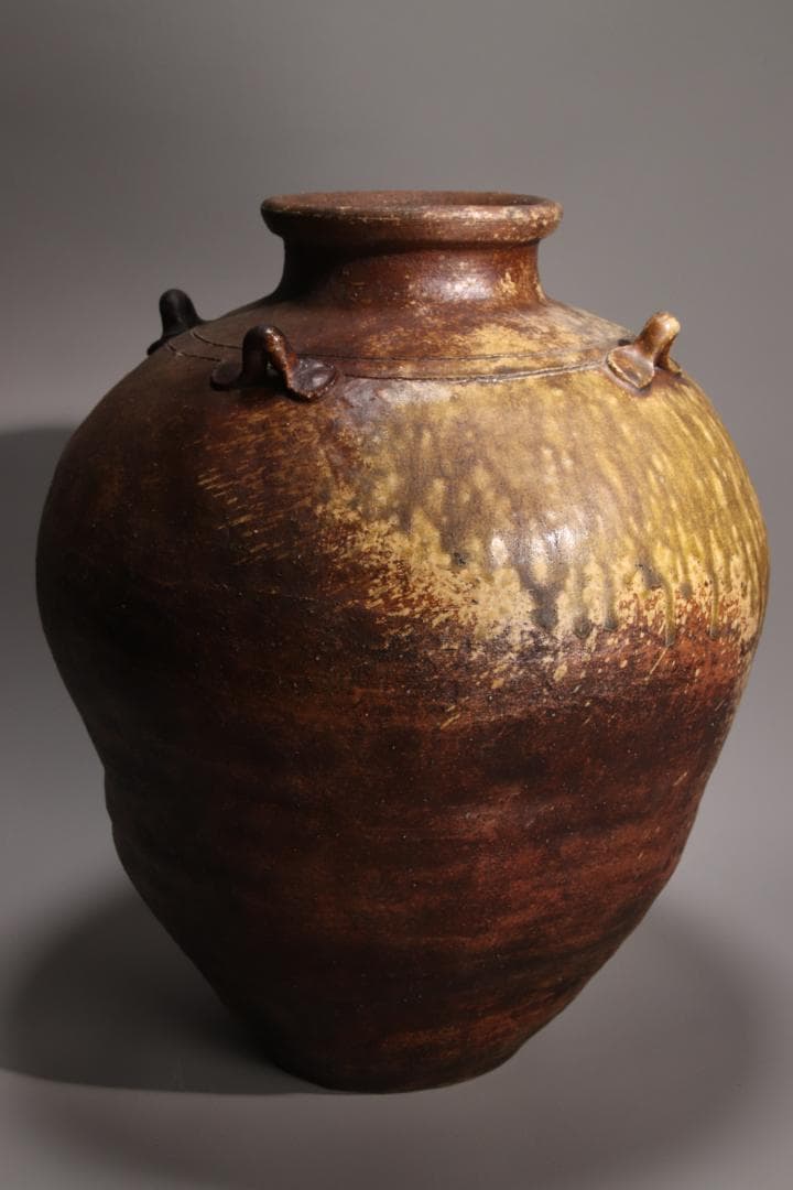 江戸初期　古越前　四耳壷　四耳子　壺　高さ38.5㎝　花器 花瓶　BE793