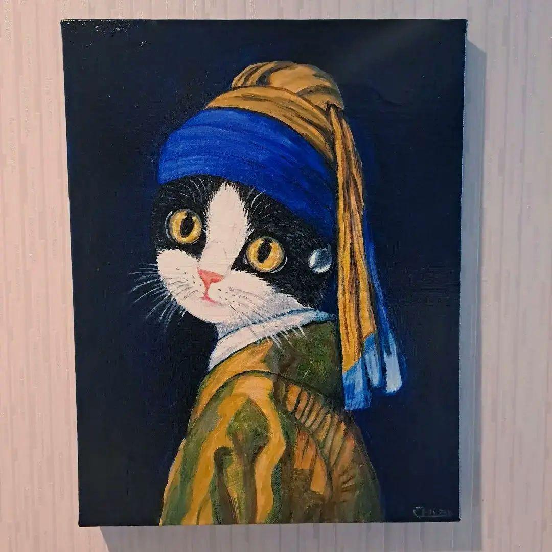 キャンバス油絵 AP様専用 真珠の耳飾りの青いターバンの猫 フェルメール