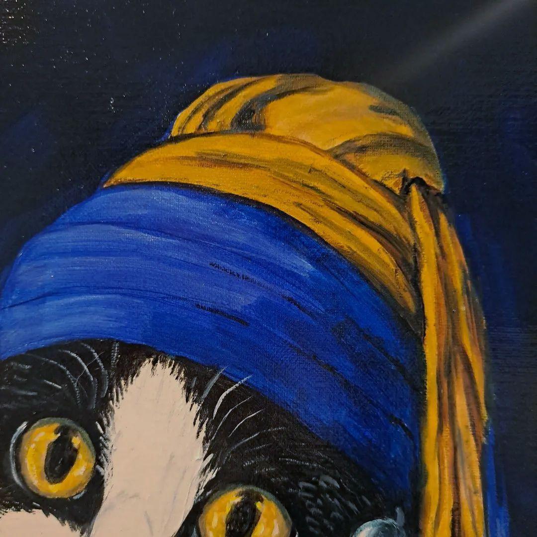 キャンバス油絵 AP様専用 真珠の耳飾りの青いターバンの猫 フェルメール