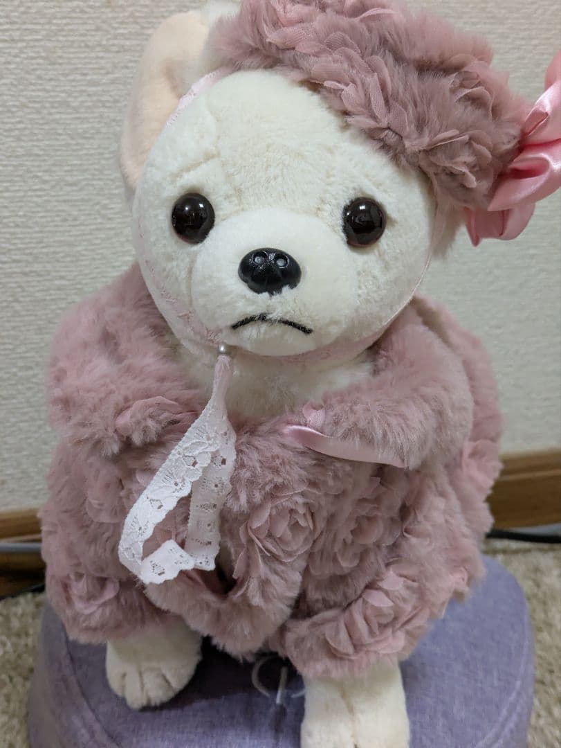 オーダー可能 ピンクのバラ模様ファーケープ＆ファーベレー帽 ハンドメイド