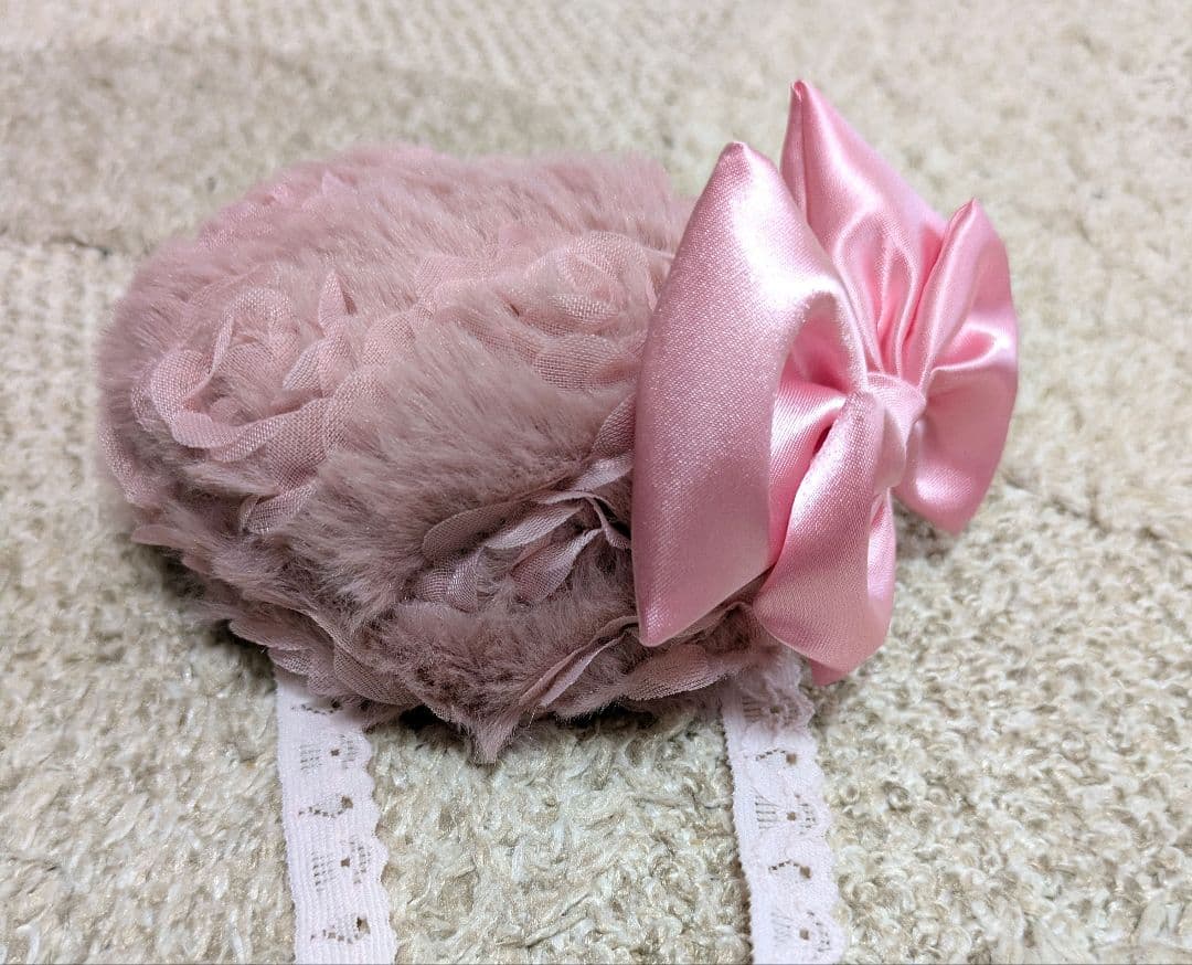 オーダー可能 ピンクのバラ模様ファーケープ＆ファーベレー帽 ハンドメイド