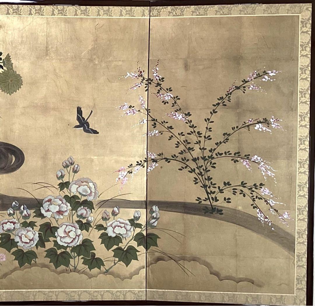 四つ折り屏風　日本画　金箔彩色　琳派 四季花