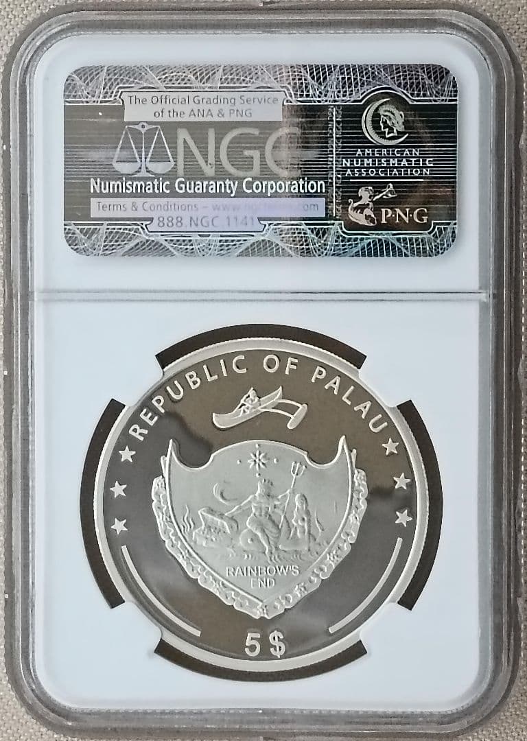 【NGC最高鑑定】 2014年 パラオ 真珠入り ピンクシェル 5ドル銀貨。