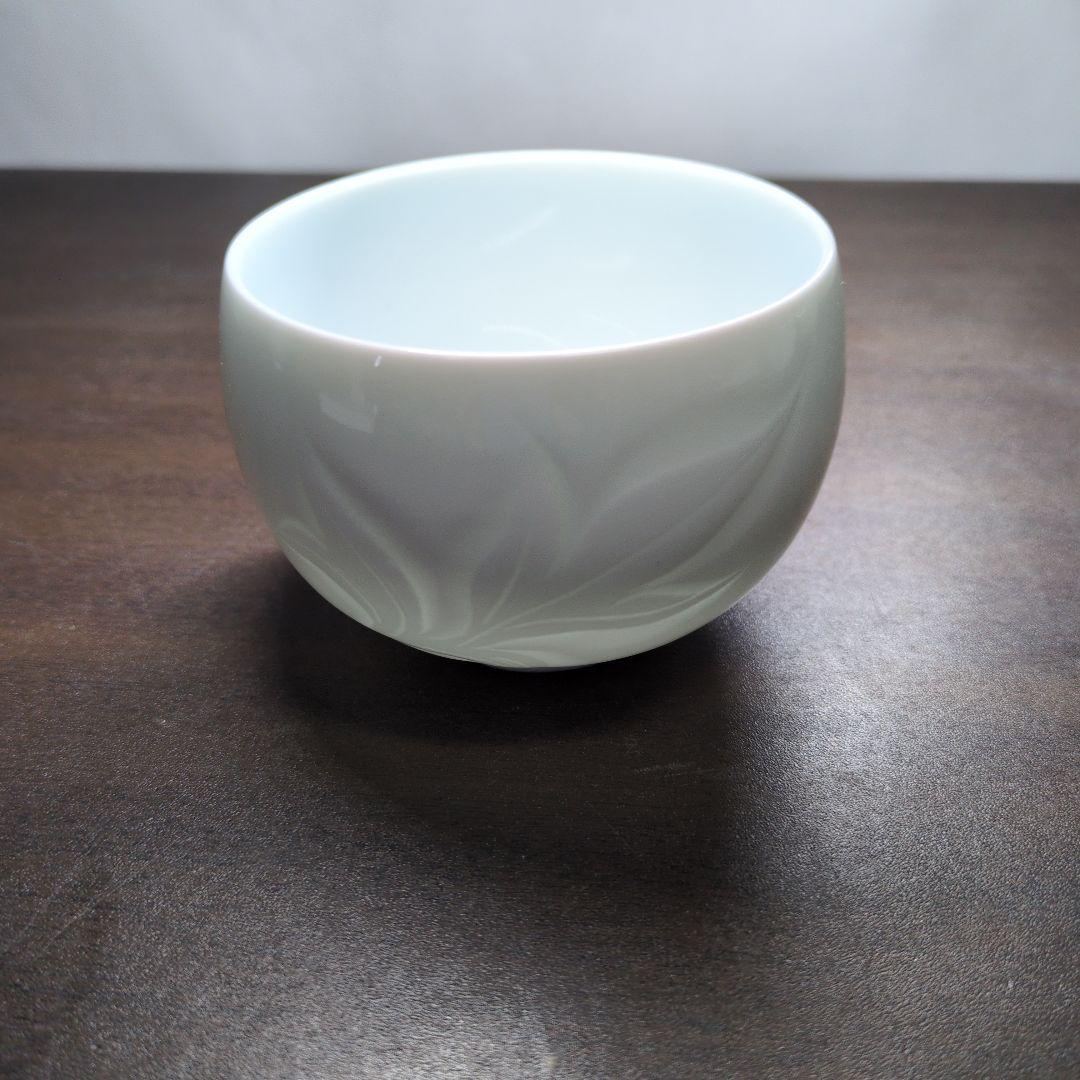 人間国宝 井上萬二 作 白磁 彫文 菓子鉢＆湯呑 三客 ＆