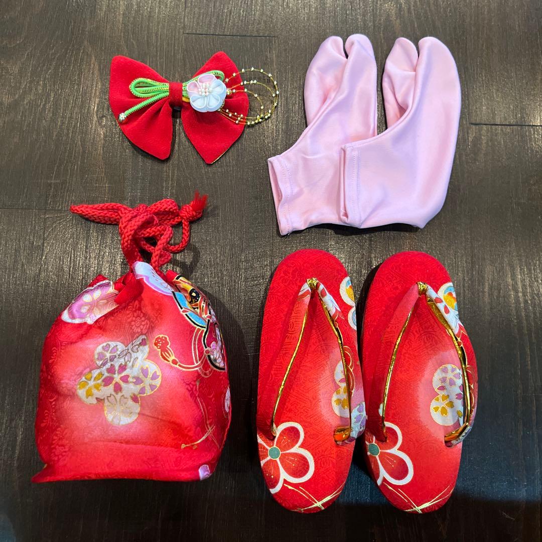 ラ*ン様 七五三 三歳 着物 被布 小物一式 フルセット 正絹 梅 鼓 肌襦袢付