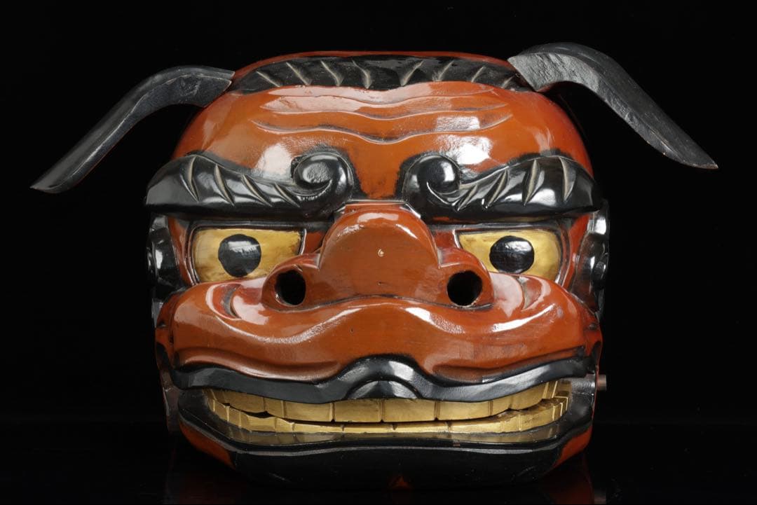 時代物 木彫獅子頭 朱漆塗金彩 幅54cm 獅子舞 神楽面 魔除 縁起物 骨董品