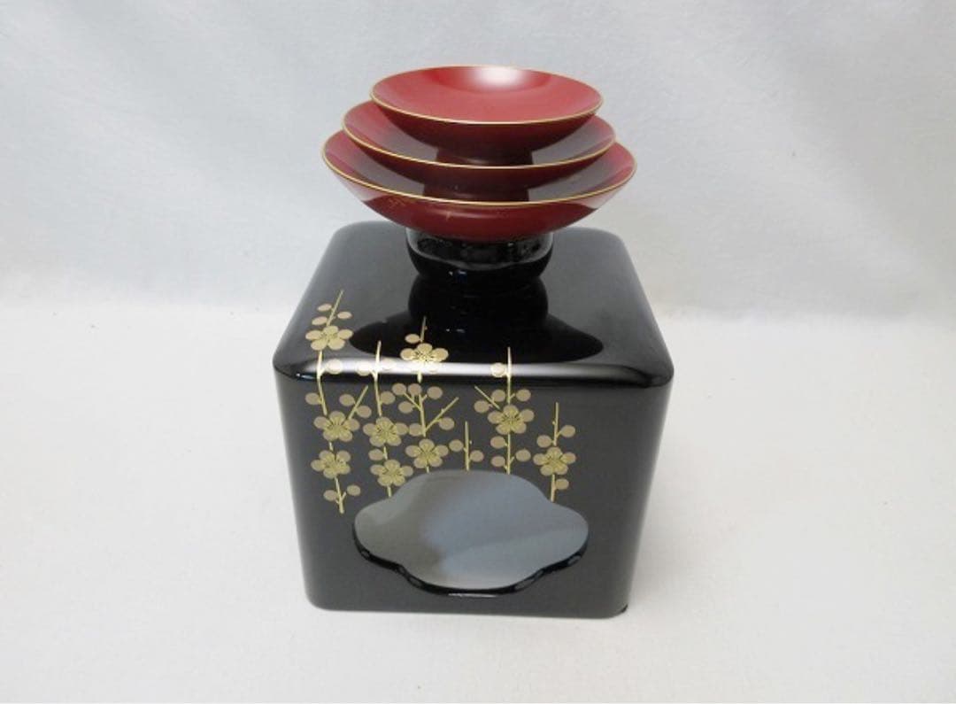ほぼ未使用 茶道具 天然木製 本漆黒塗 会津塗 屠蘇器 立梅蒔絵
