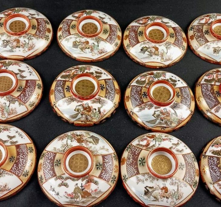 Y2907 九谷焼 金襴手 極上蓋茶碗 13客 共箱付き