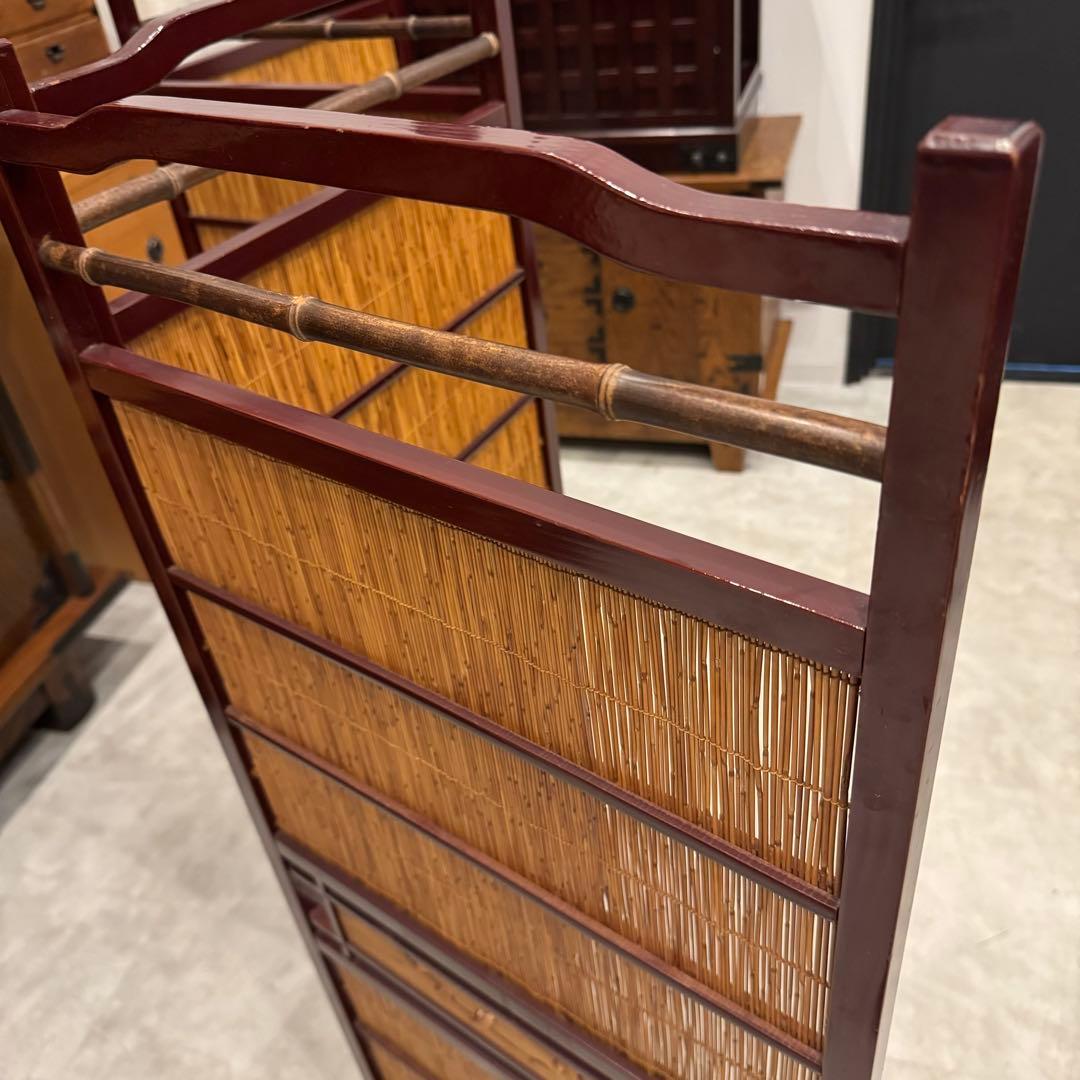 古い竹簾屏風 衝立 パーテーション 四連 透かし彫り 古道具