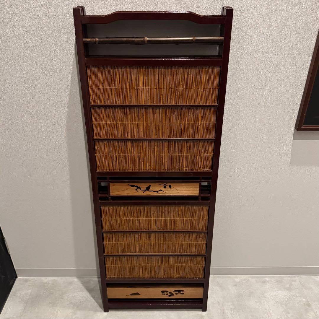 古い竹簾屏風 衝立 パーテーション 四連 透かし彫り 古道具