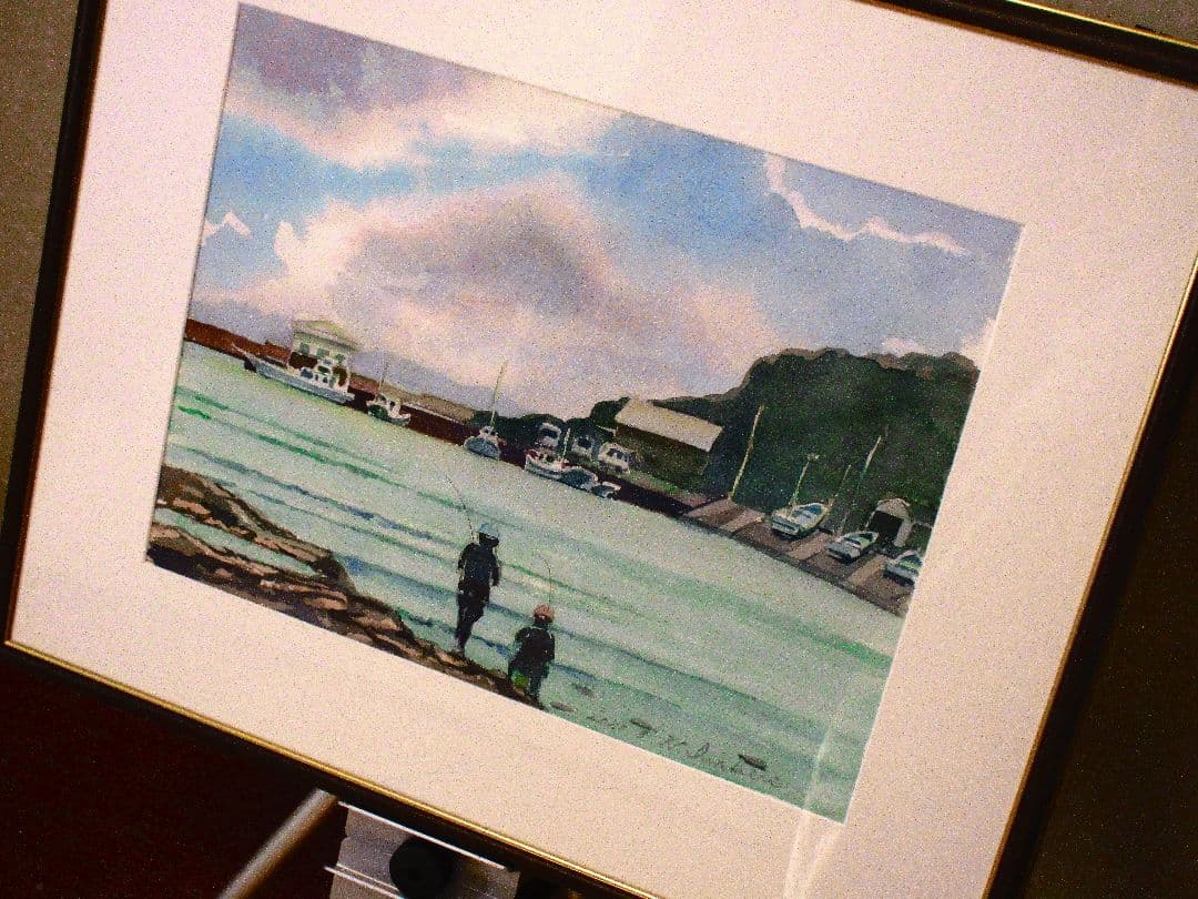 水彩画 釣り人と港の風景 額装済み f6サイズ 原画