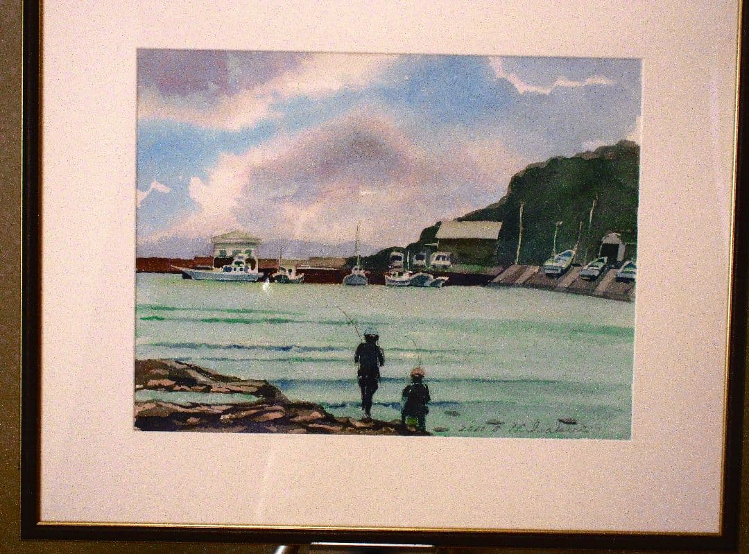 水彩画 釣り人と港の風景 額装済み f6サイズ 原画