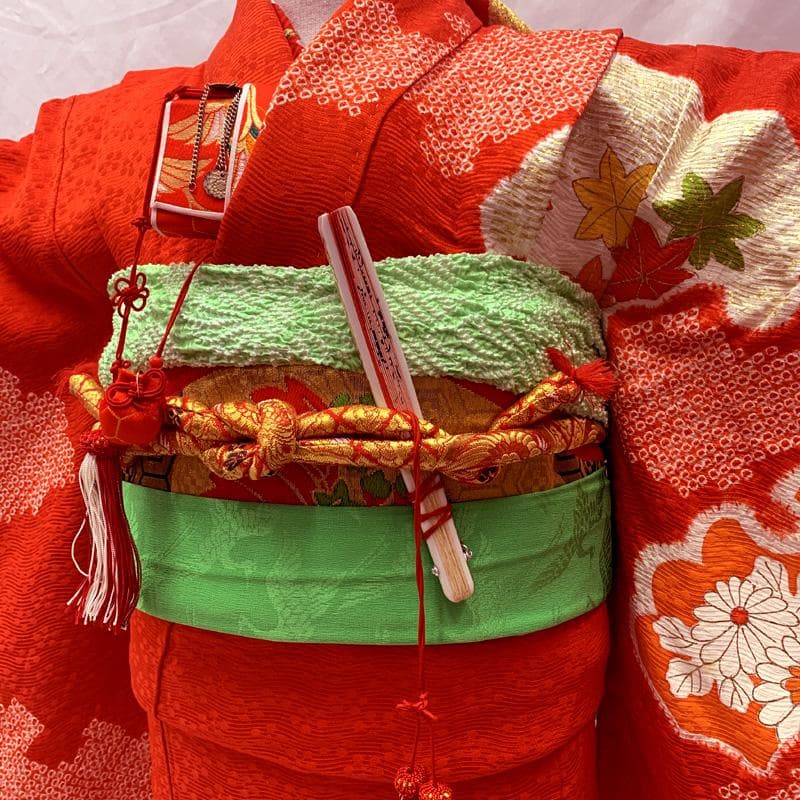 512ag31お着物のみ□七五三 七歳 女児 着物&袋帯&長襦袢 花 絞染め 赤