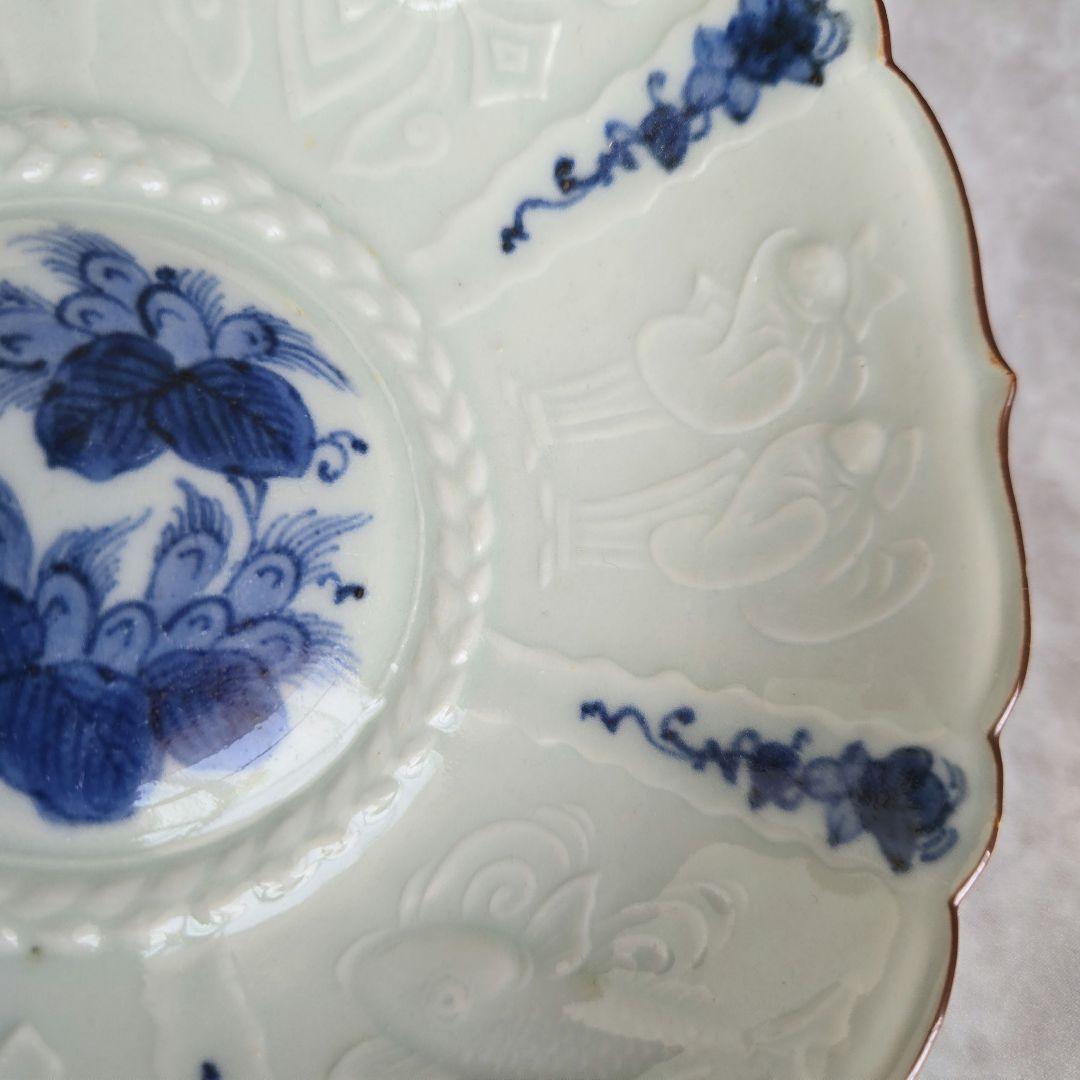 古伊万里　染付　陽刻　深皿　膾皿　唐人　韃靼人　江戸　アンティーク　金継ぎ　金直