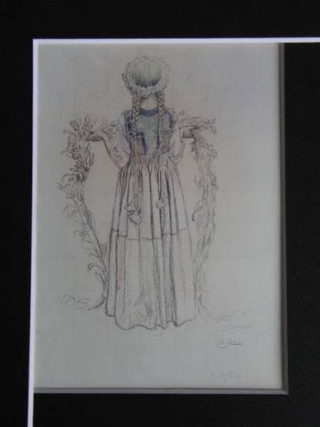 カール・ラーション、花輪を捧げる少女、希少画集画、新品額装付、状態