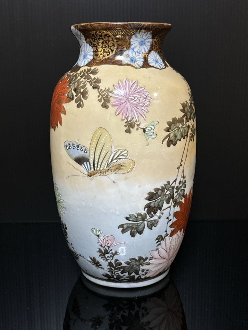 超絶技巧 明治期 極上 金蘭彩色 花蝶図 花瓶 花生 壷