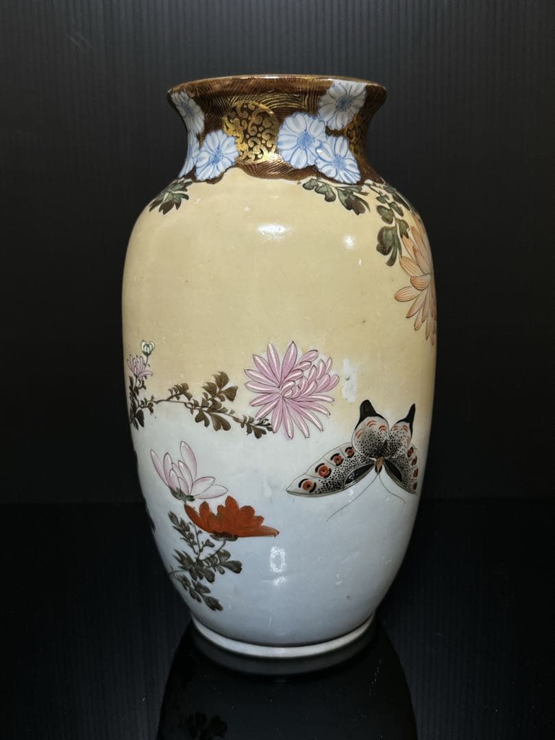 超絶技巧 明治期 極上 金蘭彩色 花蝶図 花瓶 花生 壷
