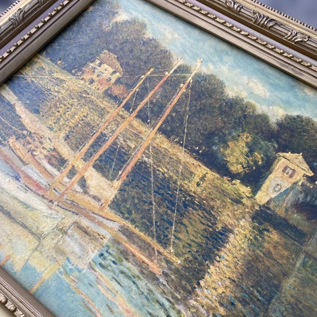 水辺の風景 油彩画 金色装飾額縁付き　アルジャントゥイユの橋　モネ　油絵　複製画
